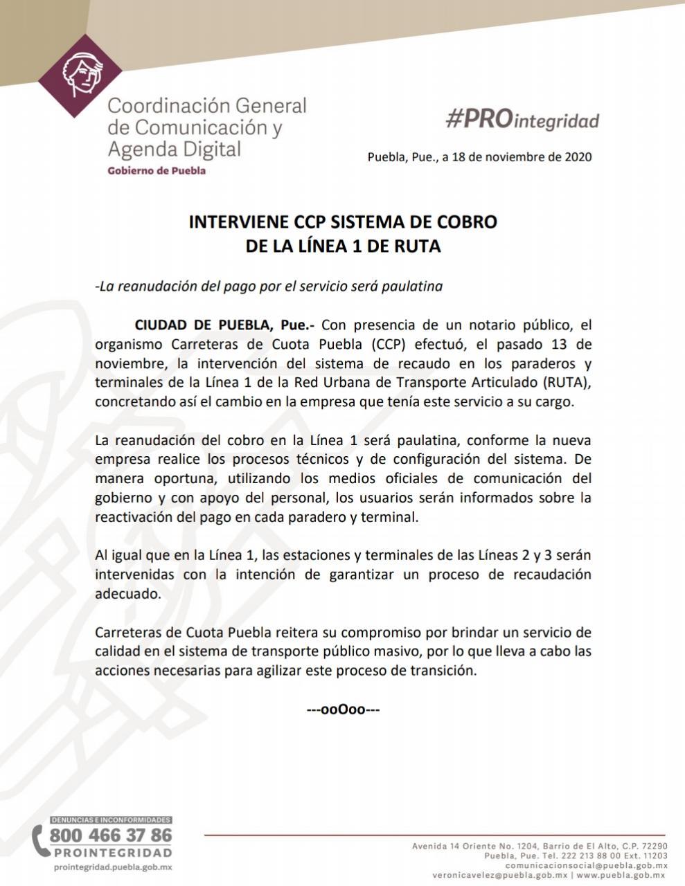 INTERVIENE CCP SISTEMA DE COBRO  DE LA LÍNEA 1 DE RUTA
